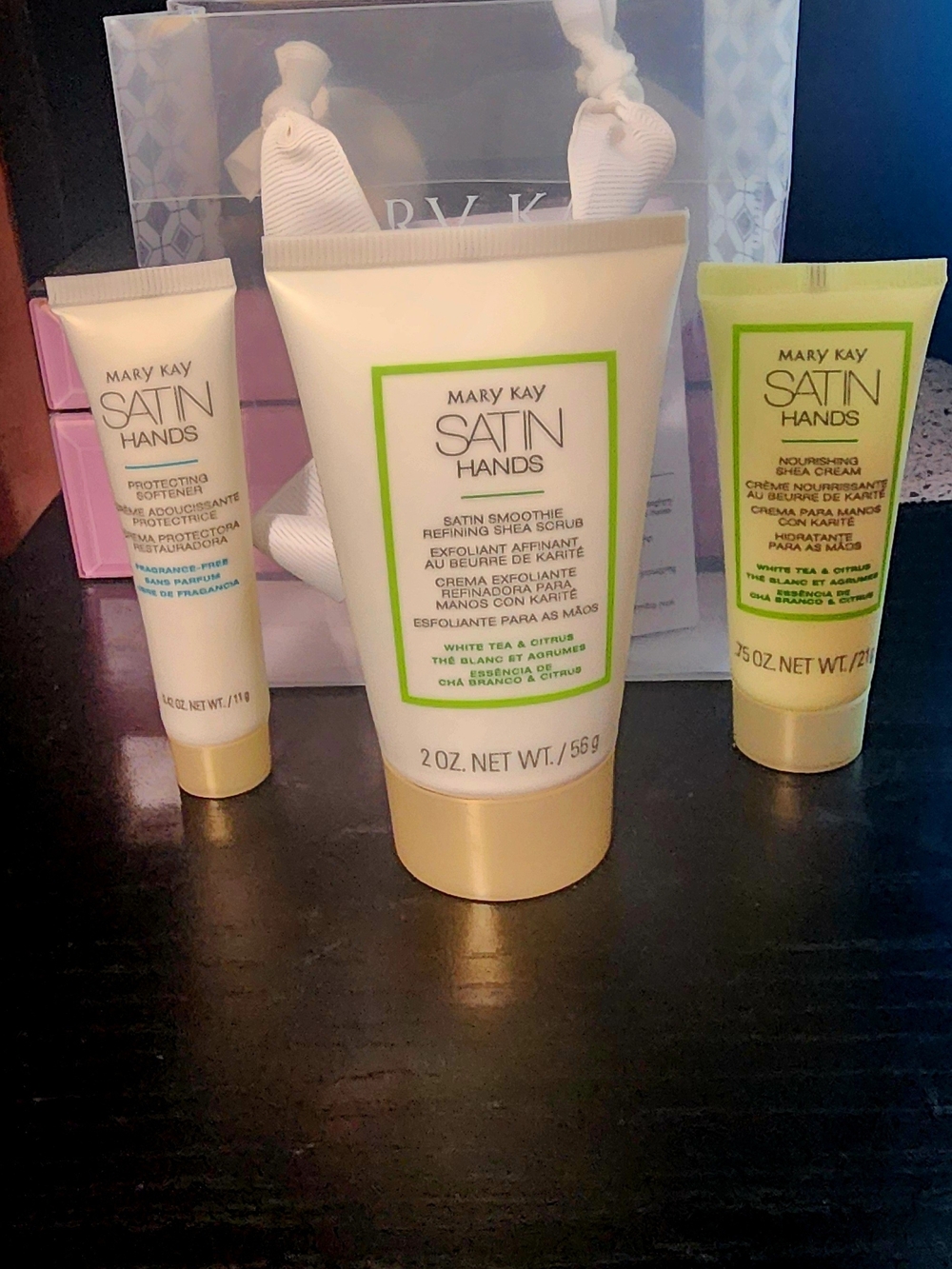 Mary Kay Satin Hands Trio in Cream and Light Green Accents